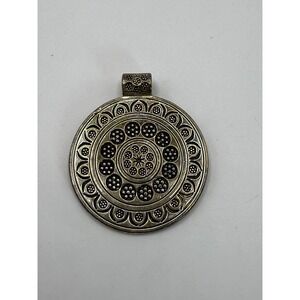 Vintage Silver Tone Ornate Round Medallion Pendant – Textured Folk Style Jewelry
